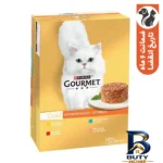 نمای بسته بندی کنسرو غذای گربه بالغ گورمت مدل Gold Savoury Cake Pack با طعم مرغ و ماهی گوشت گاو بسته ۱۲ عددی برچسب و بسته بند
