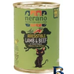 نمای بسته بندی کنسرو غذای گربه بالغ نرانو مدل پته طعم گوشت و مرغ ماهی وزن 400 گرم بسته 12عددی برچسب و بسته بندی
