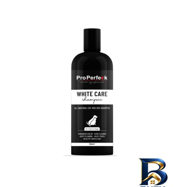 نمای بسته بندی شامپو پروپرفک مدل White care برای سگ و گربه حجم 250 میلی لیتر برچسب و بسته بندی