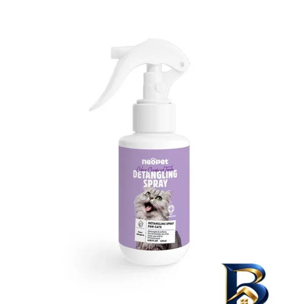 نمای بسته بندی اسپری نئوپت مدل Detangling Spray برای بازکننده گره موی گربه حجم 120 میلی گرم برچسب و بسته بندی