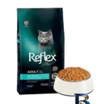 نمای بسته بندی غذای خشک گربه عقیم شده رفلکس با طعم مرغ وزن 1.5 کیلوگرم برچسب و بسته بندی