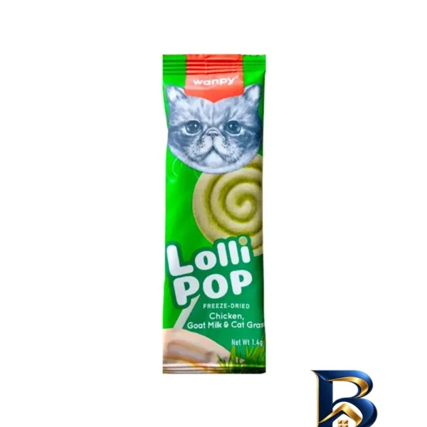نمای بسته بندی تشویقی گربه ونپی مدل Freeze Dried Lollipop با طعم مرغ، شیر بز و علف وزن ۱۴ گرم بسته ۱۰ عددی اصل برچسب و بسته ب