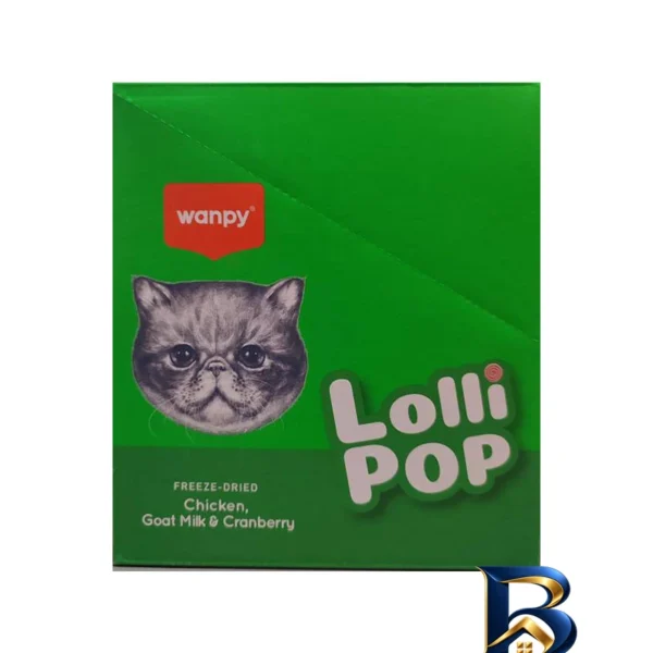 نمای بسته بندی تشویقی گربه ونپی مدل Freeze Dried Lollipop طعم مرغ و شیر بز کرن بری وزن ۱۴ گرم بسته ۱۰ عددی برچسب و بسته بندی