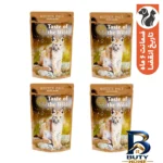نمای بسته بندی پوچ بچه گربه تیست آف د وایلد مدل Feline Recipe Kitten Pate طعم مرغ بسته ۴ عددی برچسب و بسته بندی
