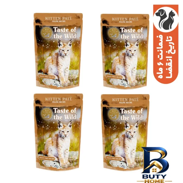 نمای بسته بندی پوچ بچه گربه تیست آف د وایلد مدل Feline Recipe Kitten Pate طعم مرغ بسته ۴ عددی برچسب و بسته بندی