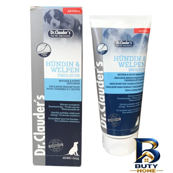 نمای بسته بندی خمیر مولتی ویتامین سگ دکتر کلادرز مدل Mother & Puppy Emulsion وزن ۱۵۰ گرم برچسب و بسته بندی