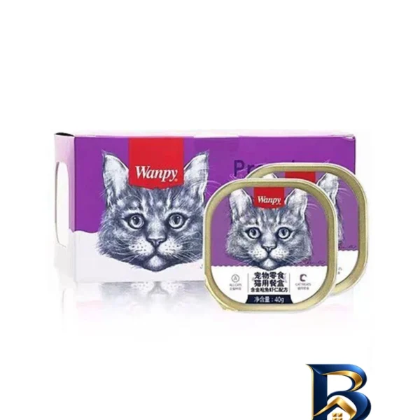 نمای بسته بندی غذای گربه بالغ ونپی بافت موس با طعم ماهی تن و میگو وزن 40 گرم بسته 6 عددی برچسب و بسته بندی