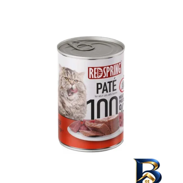 نمای بسته بندی کنسرو غذای گربه رداسپرینگ طعم گوساله خالص مدل Cat Veal Pate وزن ۴۰۰ گرم بسته ۶ عددی برچسب و بسته بندی
