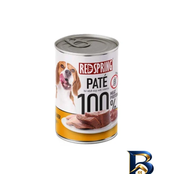 نمای بسته بندی کنسرو غذای سگ بالغ رداسپرینگ مدل Dog Chicken Liver Pate طعم مرغ و جگر وزن ۴۰۰ گرم بسته ۶ عددی برچسب و بسته بند