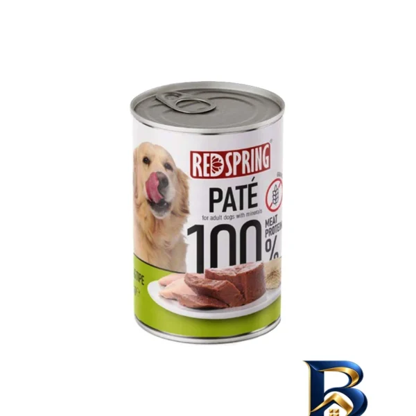 نمای بسته بندی کنسرو سگ رداسپرینگ مدل Dog Chicken Tripe Pate با طعم مرغ و سیرابی وزن ۴۰۰ گرم بسته ۶ عددی برچسب و بسته بندی