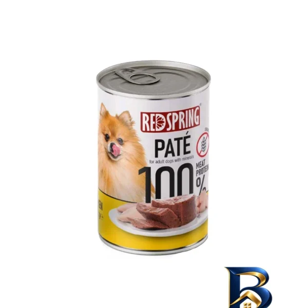 نمای بسته بندی کنسرو غذای سگ بالغ رداسپرینگ مدل Dog Chicken Pate طعم مرغ خالص وزن ۴۰۰ گرم بسته ۶ عددی برچسب و بسته بندی