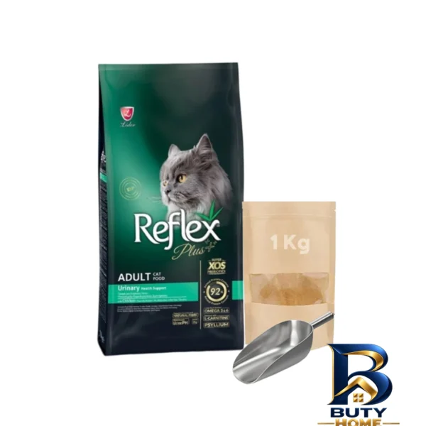 نمای بسته بندی غذای خشک گربه بالغ رفلکس پلاس مدل Reflex Plus Urinary با طعم مرغ وزن یک کیلوگرم برچسب و بسته بندی