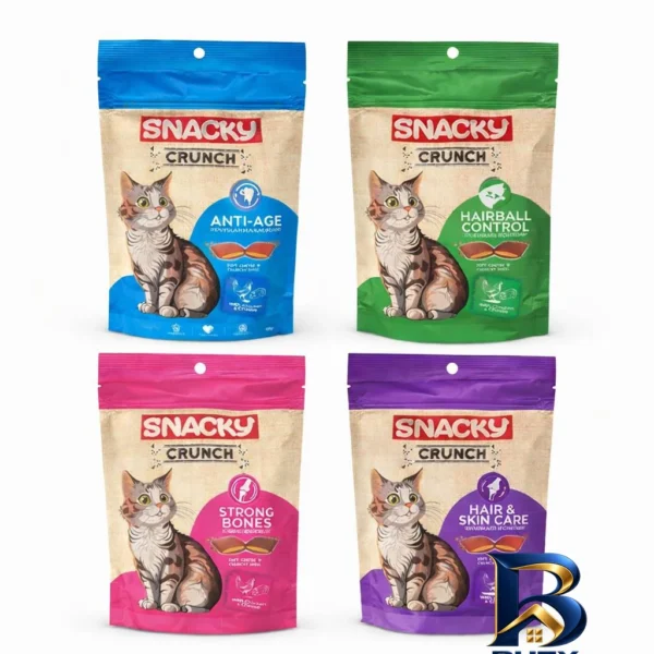 نمای بسته بندی تشویقی گربه اسنکی مدل Crunch با طعم مرغ و ماهی وزن 240 گرم مجموعه 4 عددی برچسب و بسته بندی