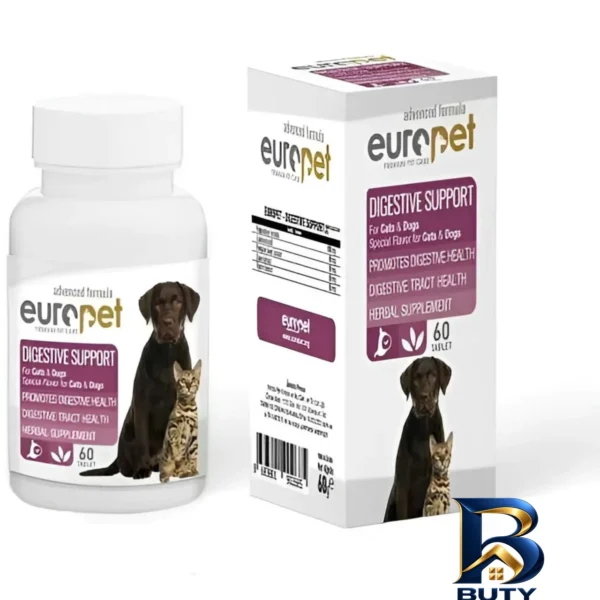 نمای بسته بندی قرص دستگاه گوارش سگ و گربه یوروپت مدل DIGESTIVE SUPPORT بسته ۶۰ عددی برچسب و بسته بندی