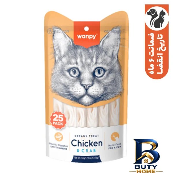 نمای بسته بندی بستنی گربه ونپی مدل Creamy Treat طعم مرغ و خرچنگ وزن ۳۵۰ گرم برچسب و بسته بندی