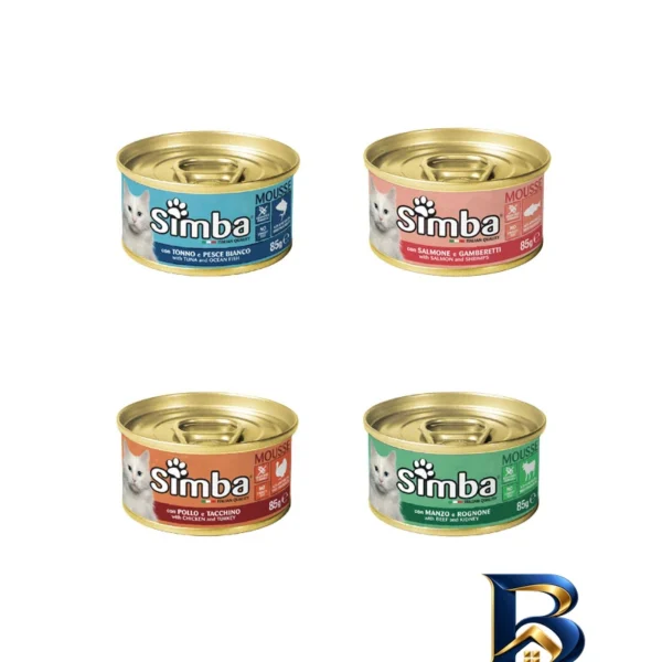 نمای بسته بندی کنسرو غذای گربه بالغ مونژه مدل Simba Cat Mousse طعم میکس وزن 85 گرم بسته 4 عددی برچسب و بسته بندی
