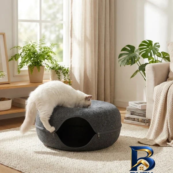 نمای بسته بندی جای خواب و تونل گربه مدل Donut با طراحی زیبا برچسب و بسته بندی