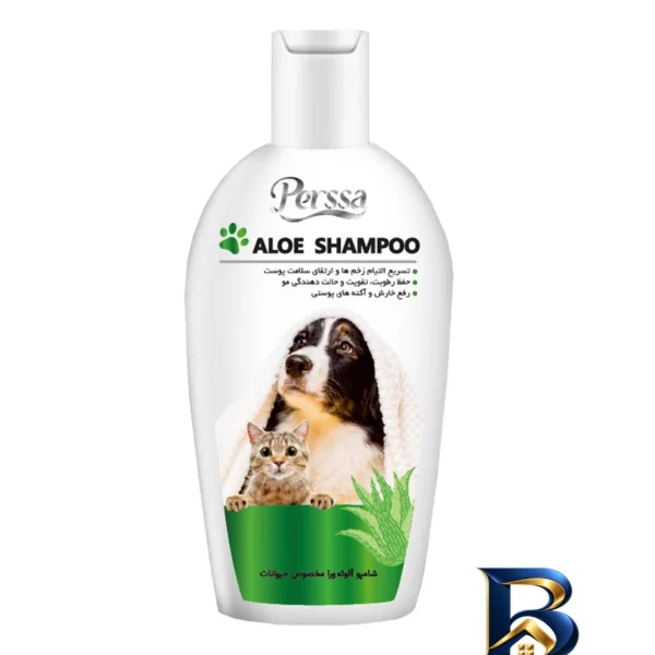 نمای بسته بندی شامپو گربه و سگ پرسا مدل Aloe وزن 500 گرم برچسب و بسته بندی