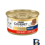 نمای جزئیات کنسرو غذای گربه بالغ گورمت مدل Gold Mousse طعم گوشت گاو وزن ۸۵ گرم بسته ۲۴ عددی پرداخت و جزئیات مواد