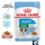 نمای جزئیات پوچ سگ رویال کنین مدل Mini Puppy وزن ۸۵ گرم بسته ۱۲ عددی پرداخت و جزئیات مواد