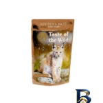 نمای بسته بندی پوچ بچه گربه تیست آف د وایلد مدل Feline Recipe Kitten Pate طعم مرغ بسته ۴ عددی برچسب و بسته بندی