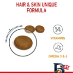 نمای کناری غذای خشک گربه رویال کنین مدل Hair and Skin وزن ۲ کیلوگرم و بستنی پروفایل و ساختار
