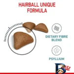 نمای جلو غذای خشک گربه رویال کنین مدل Hairball با وزن 10 کیلوگرم طراحی و جزئیات کلیدی