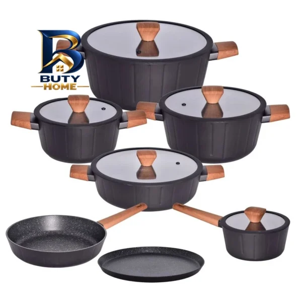 سرویس قابلمه و تابه گرانیتی ۱۲ پارچه گری پن مدل دسته چوبی