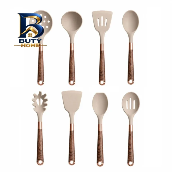 سرویس کفگیر و ملاقه سیلیکونی ۸ پارچه آر اس مدل چوبی