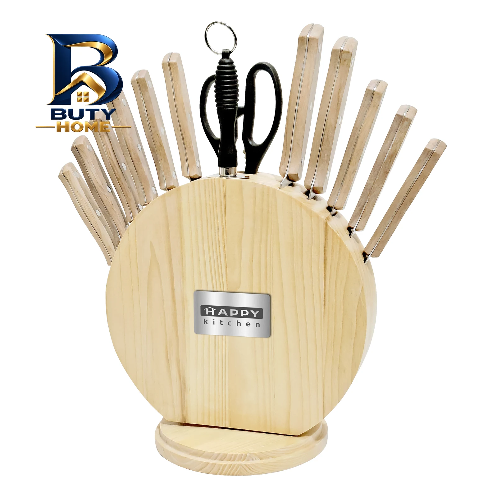 سرویس چاقو ۱۳ پارچه با تیغه استیل و دسته چوبی هپی کیچن مدل Stone Knife 13 و استند