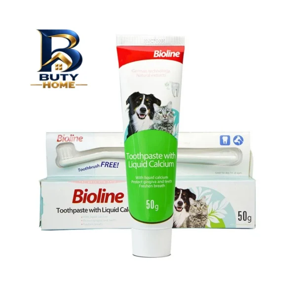 ست خمیر دندان و مسواک سگ بایولاین مدل Calcium وزن 50 گرم