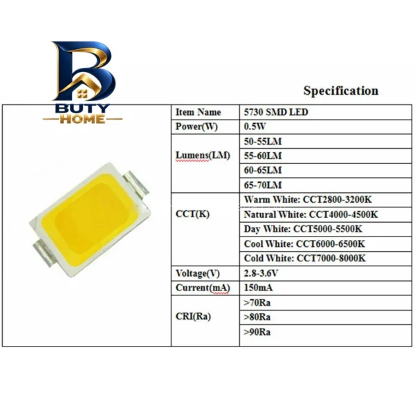 چیپ ال ای دی 0.5 وات مدل 5730 3V 0.5W بسته ۱۰ عددی