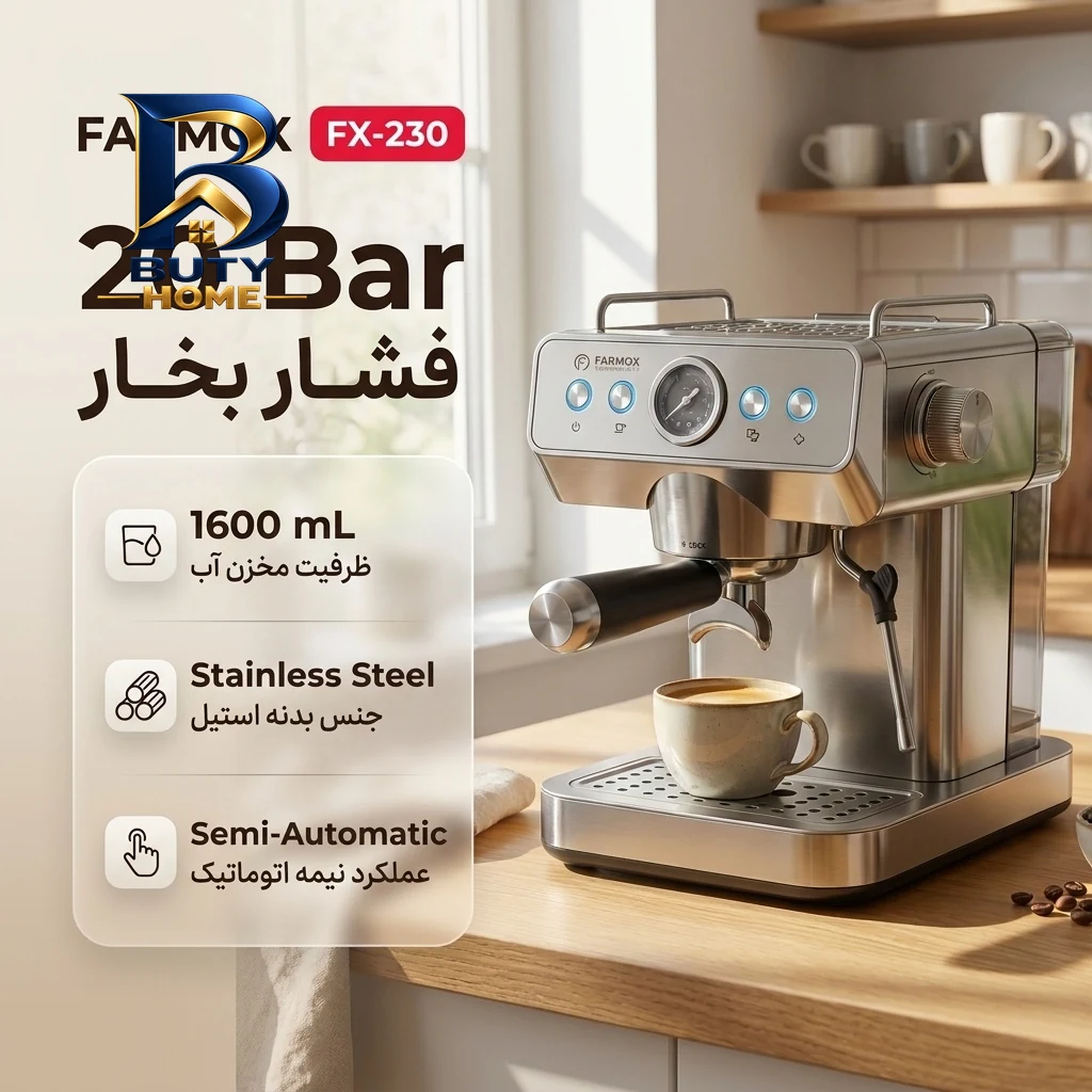 اسپرسوساز خانگی نیمه اتوماتیک فارموکس مدل FX-۲۳۰ با فشار بخار ۲۰ بار، توان ۱۳۶۰ وات و بدنه استیل اصل