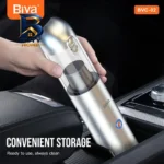 جارو شارژی خودرو بیوا مدل BVC-۰۲s با توان مکش ۱۲۰ AirWatt، باتری ۲۲۰۰mAh، ظرفیت مخزن ۲۰۰ml، چراغ قوه و چراغ چشمک زن هشدار، شارژدهی سریع طراحی جمع وجور مناسب تمیزکاری داخل مبلمان اصل